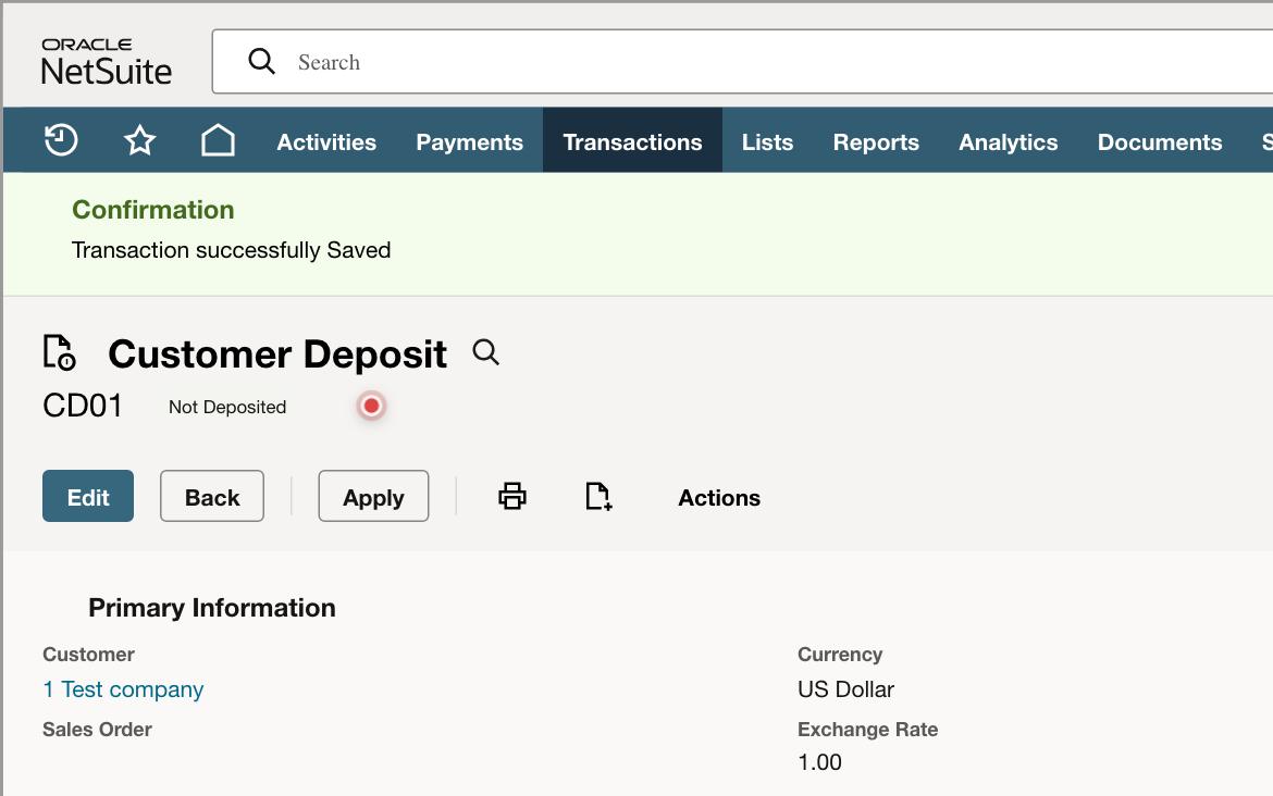 Record a Customer Deposit